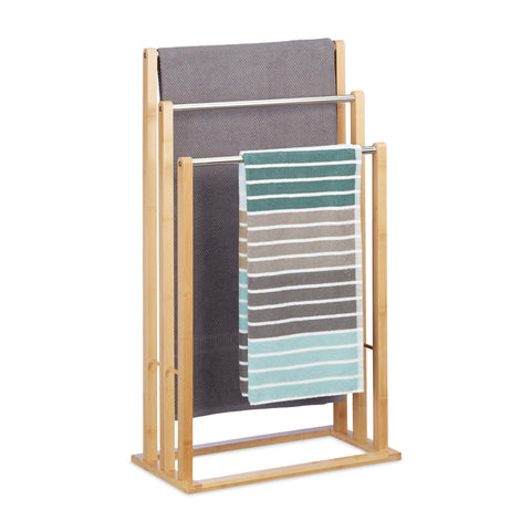 Relaxdays Towel Holder, Freestanding with 3 Rails, for Bathroom, Bamboo & Stainless Steel, HWD: 84 x 48 x 26 cm, Natural