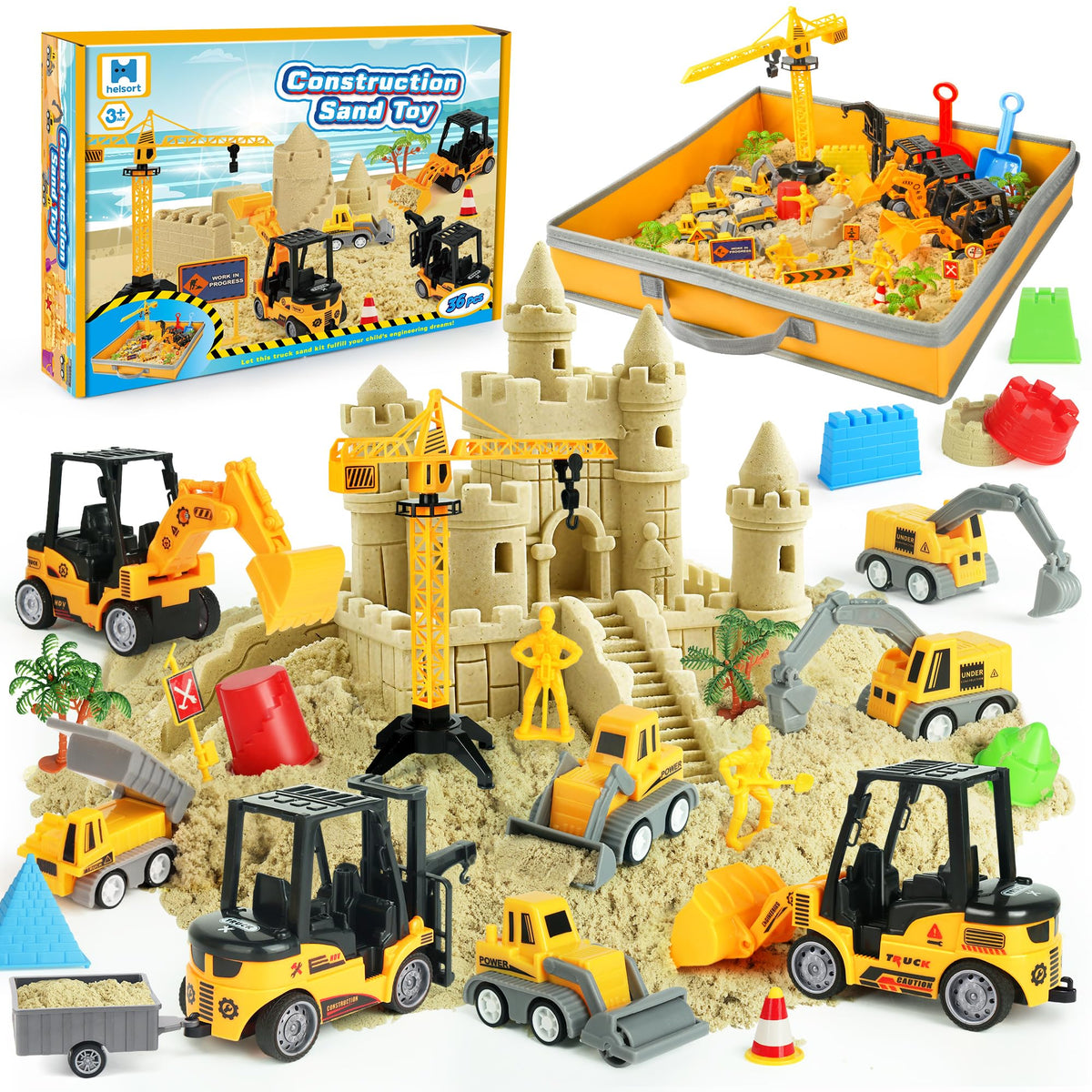 Sand Construction Site Kit - 36 Pcs Play Sand Art Kit with 8 Construction Trucks, Folding Sandbox, 2.2 lbs Magic Sand, Crane, Worker, Road Signs, Molds, Shovel - Ideal Toys for Boys Girls Age 3-8
