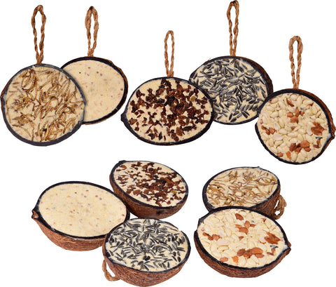 dobar Ten filled coconuts in 5 bird food varieties for hanging, year-round fat food, wild birds, 1 pack (1 x 2 kg)