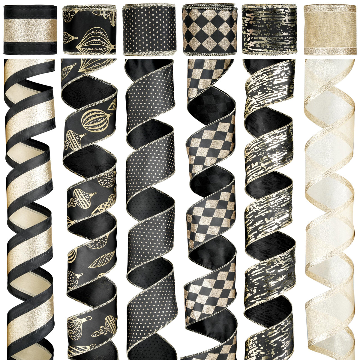 MAYREEL Christmas Ribbon Wired 2.5" Black and Gold Christmas Tree Ribbon Garland Black Wired Ribbon for Wreaths, Tree Topper Bows, Crafts, Home Decor, Gift Wrapping, 6 Rolls 36 Yards Total