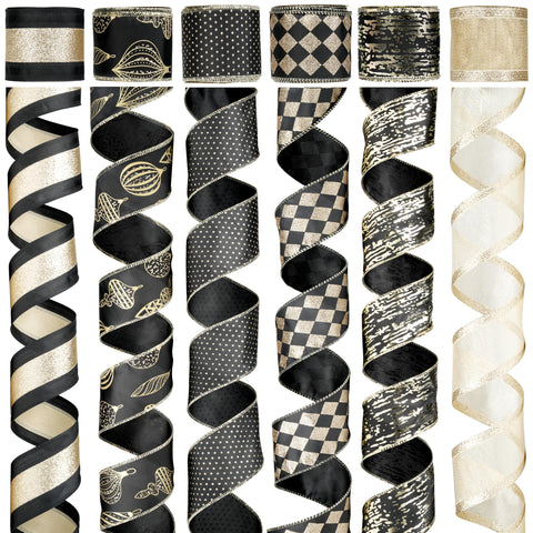 MAYREEL Christmas Ribbon Wired 2.5" Black and Gold Christmas Tree Ribbon Garland Black Wired Ribbon for Wreaths, Tree Topper Bows, Crafts, Home Decor, Gift Wrapping, 6 Rolls 36 Yards Total