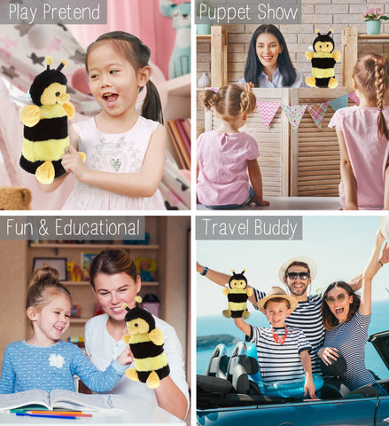 DolliBu Honeybee Plush Hand Puppet - Soft Bee Puppet Stuffed Animal Hand Puppet Toy, Perfect for Puppet Show Games, Puppet Theater Show for Kids, Toddlers, Cute Puppets for Educational Toy - 10 Inch