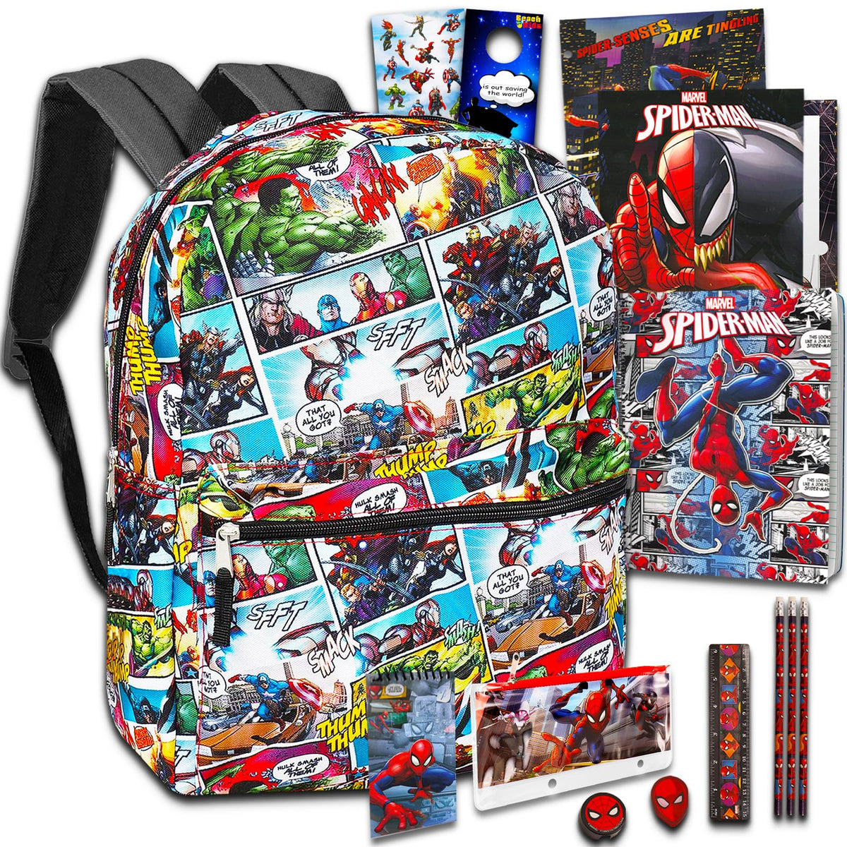 Marvel Avengers Backpack Set Boys Girls Kids - 7 Pc Bundle With Avengers Superhero School Bag, Folders, Pencils, Stickers and More (Marvel School Supplies)