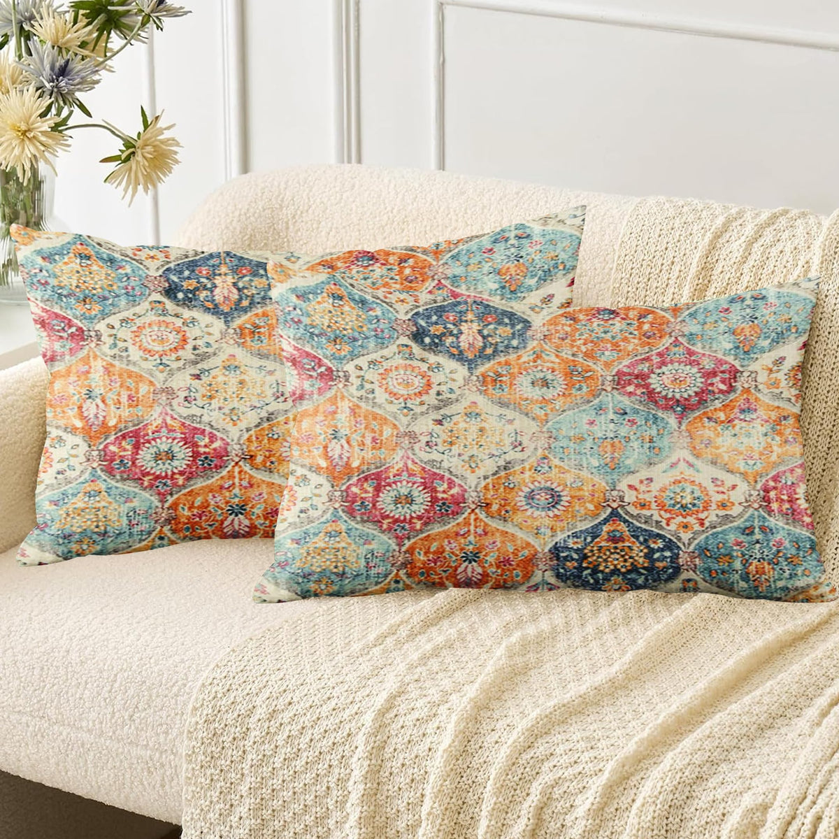 ZSYTZL Boho Throw Pillow Covers 12x20 inch Set of 2,Soft Pillowcases Bohemia Carpet Pattern Decorative Sofa Living Room Bed Square Pillow Case Cushion Cover-Cream Color