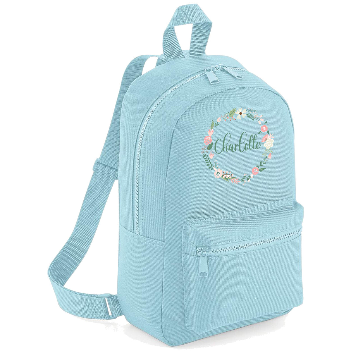 FunkyShirt Flower Circle Custom Name Initial Kids Childrens Lunch Girls School Backpack Bag Girls Rose Cute Rucksack Bags Pretty Toddler Nursery Gym Sack Floral (Powder Blue, One Size)