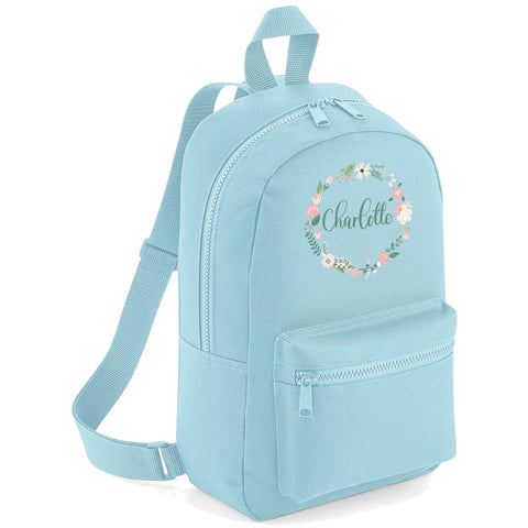 FunkyShirt Flower Circle Custom Name Initial Kids Childrens Lunch Girls School Backpack Bag Girls Rose Cute Rucksack Bags Pretty Toddler Nursery Gym Sack Floral (Powder Blue, One Size)