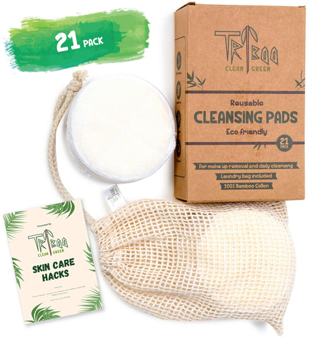 TRIBOO (21-Pack) Reusable Cotton Pads, Super Soft Bamboo Cotton Wool Pads, Reusable Makeup Remover Pads with Skin Care Hacks E-Book, Large Cotton Wool Pads for Face, Reusable Breast Pads & Baby