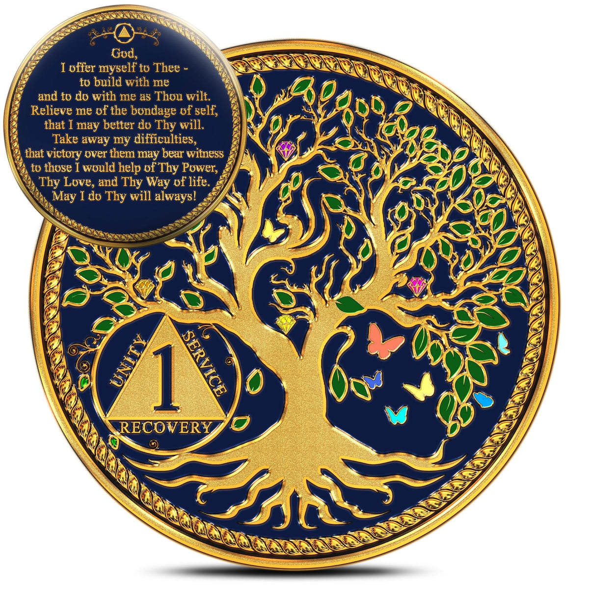 Tree of Life Sobriety Coins - Addiction Recovery Coins Sobriety Chips - AA Chips and Medallions - Anniversary Sobriety Gifts for Men & Women with Coin Capsule & Pouch - Years 1