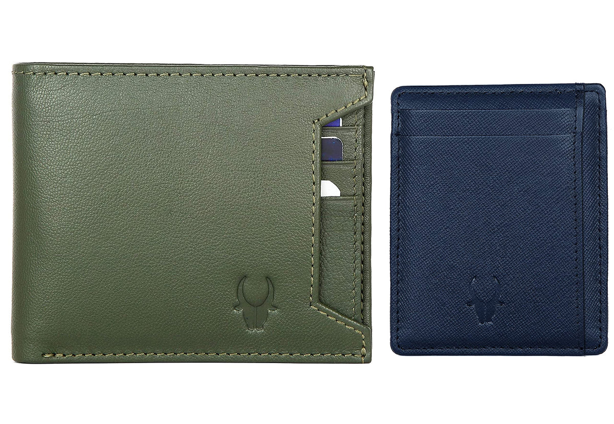 WildHorn Leather Wallet for Men, Green Wallet + Blue Safiano Card Case, Retro