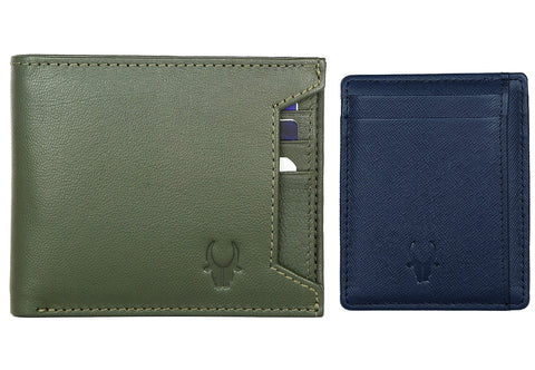 WildHorn Leather Wallet for Men, Green Wallet + Blue Safiano Card Case, Retro