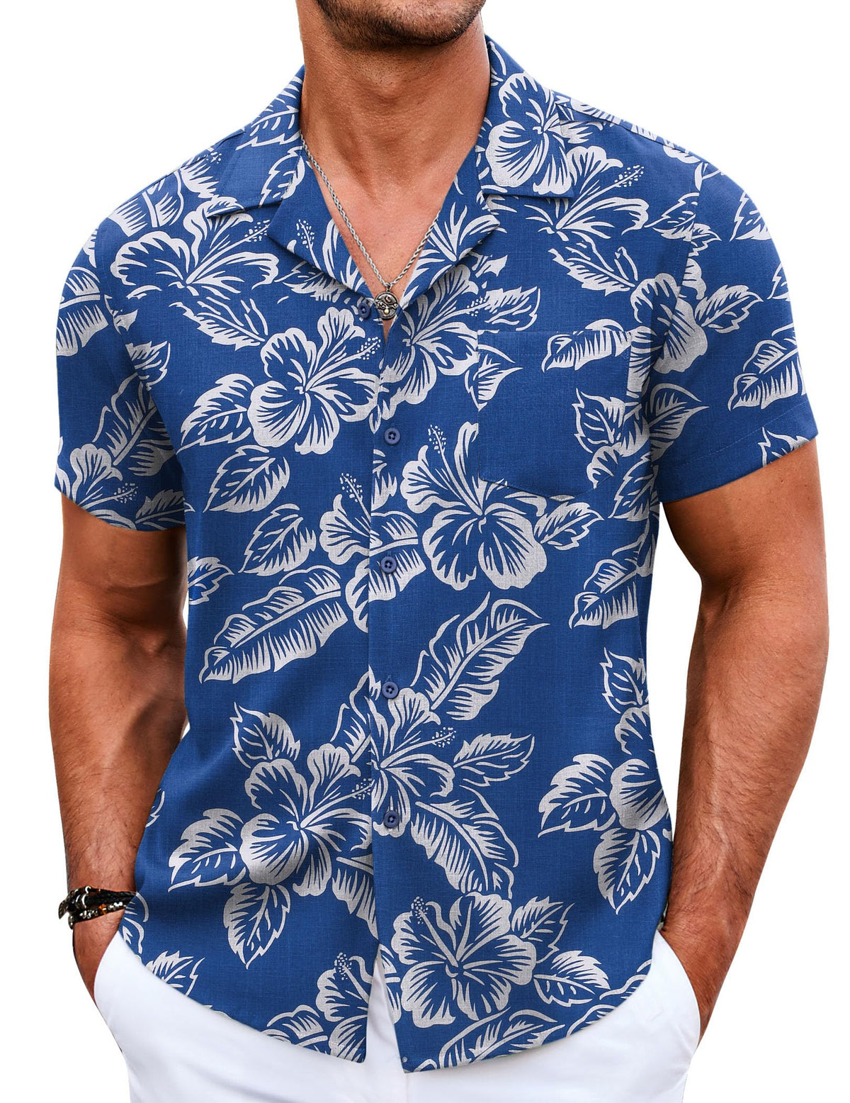 COOFANDY Men Linen Shirt Beach Shirts Summer Floral Hawaiian Shirts Cuban Collar Shirts Short Sleeve Button Down Shirts