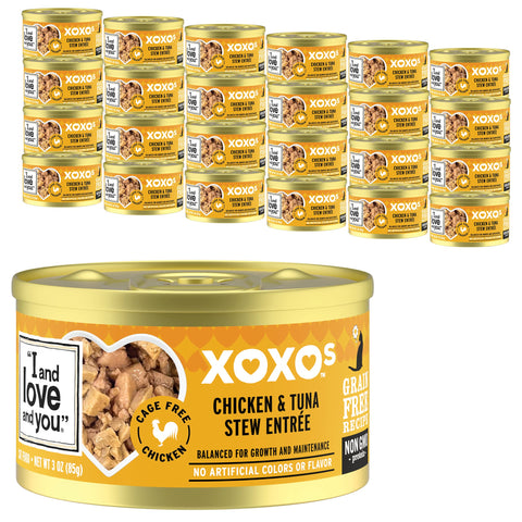I AND LOVE AND YOU" XOXOs Canned Wet Cat Food, Chicken and Tuna Stew, Grain Free, Real Meat, No Fillers, 3 oz Cans, Pack of 24 Cans