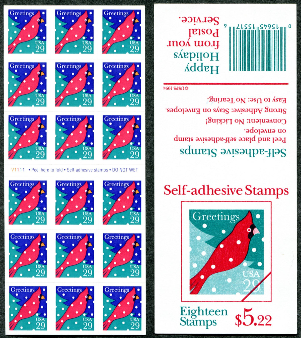 Red Cardinal in Snow (Scott #2874) Booklet of 18 x 29ÃƒÆ’Ã¢â‚¬Å¡Ãƒâ€šÃ‚Â¢ US Postage Stamps