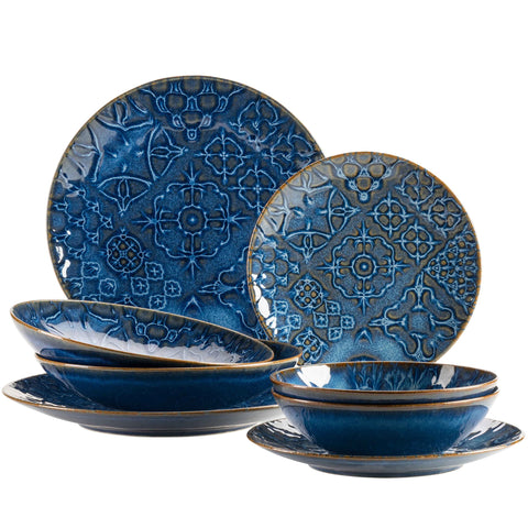 MÄSER 935078 Tiles Series Modern Vintage Crockery Set for 2 People in Moorish Design 8-Piece Dinner Set with Plates and Bowls Made of High-Quality Ceramic Stoneware Blue