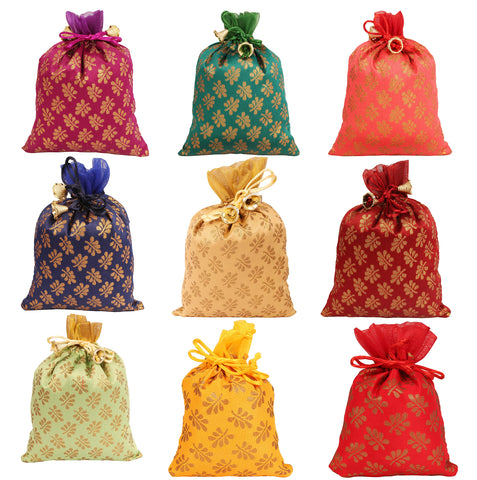 Touchstone Drawstring Bags Traditional Indian Handcrafted in Mimosa leaf Pattern Brocade fabric. Perfect for Gifts Jewelry Weddings Sweet Distribution Set of 9 Vibrant Multicolor Pouches Purses Potli