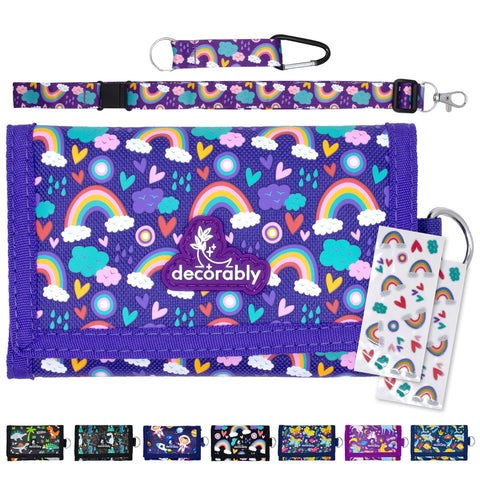 Decorably Trifold Kids Wallet with Lanyard - Trifold Rainbow Girls Wallets For Kids 8-10 With Lanyards, Kids Wallets For Girls, Kids Wallet For Kids Wallets Girls, Little Girls Wallet Wallet Girl