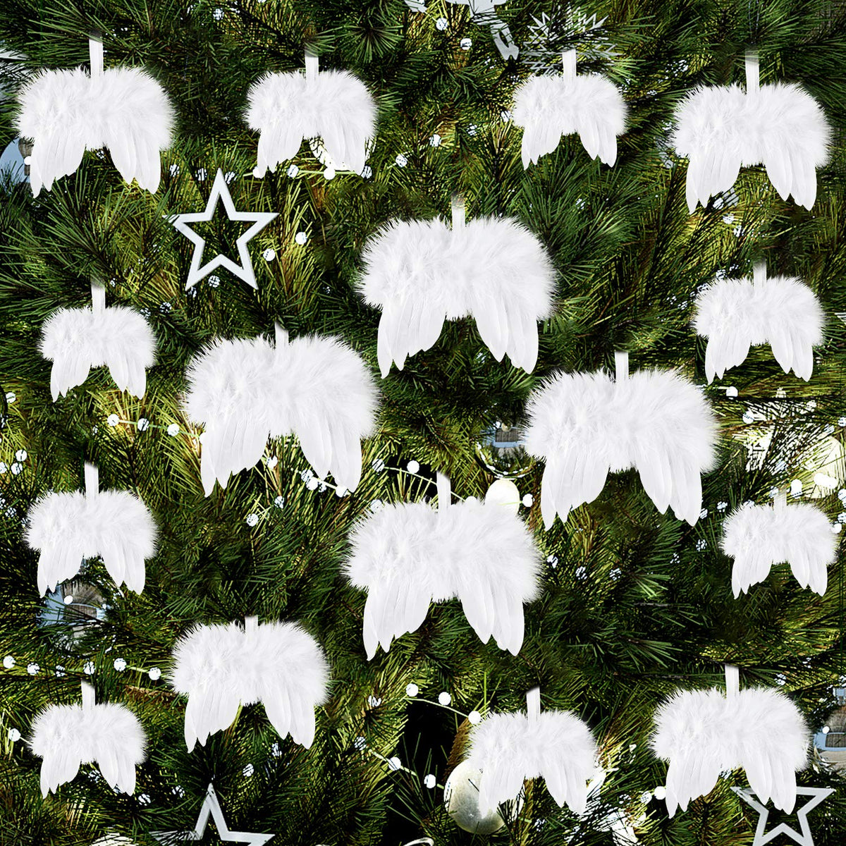 FEPITO 16 Pcs White Feather Christmas Decorations Angel White Feather Wing Ornament for Christmas Party Decoration DIY Craft