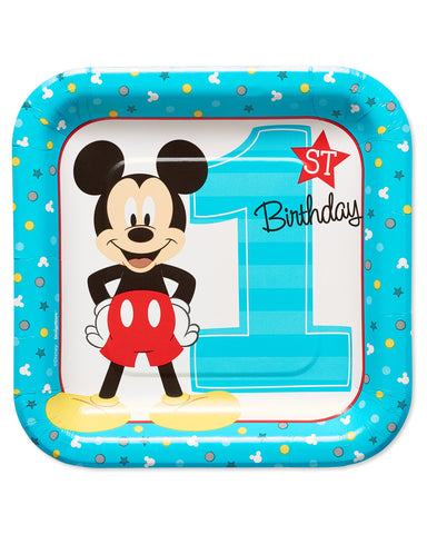Amscan 541833 Disney Mickey's Fun to be One Birthday Square Paper Plates, 7", 8ct