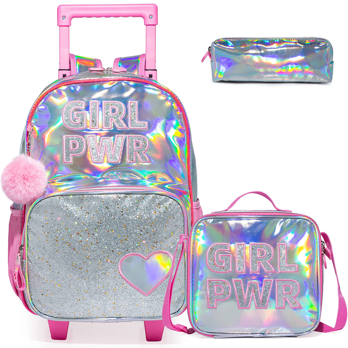 Egchescebo Kids Love Rolling Roller Backpack for Girls Girl Childrens Kid Suitcases Luggage Lunch Box with Wheels School Bags 16Ã¢â‚¬Å“ 3Pcs Kids Wheeled Backpack Pink Bright Trolley