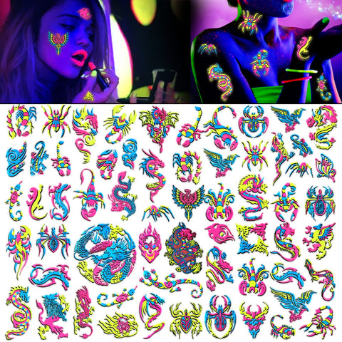 HOWAF 10 Sheets UV Neon Temporary Tattoos, Fluorescence UV Neon Body Face Taoos for Makeup Party Rave Festival Women Dancing Party Decorations Supplies, Glow in the Dark Black Light Fake Tattoos