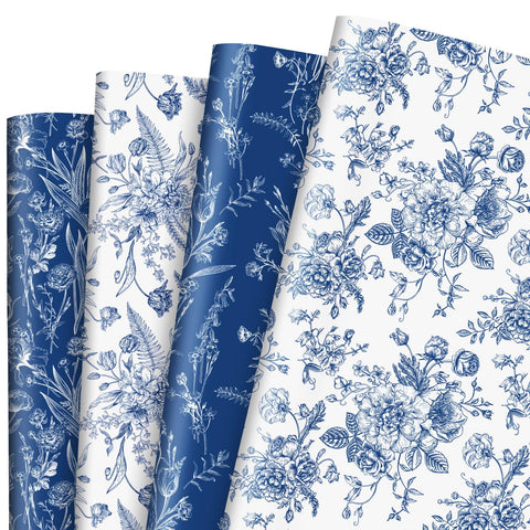 AnyDesign Blue Floral Wrapping Paper Blue White Wild Flower Gift Wrap Paper Bluk Folded Flat Wild Floral Art Paper for Wedding Birthday Baby Shower DIY Craft Gift Wrapping, 19.7 x 27.6 Inch, 8 Sheet