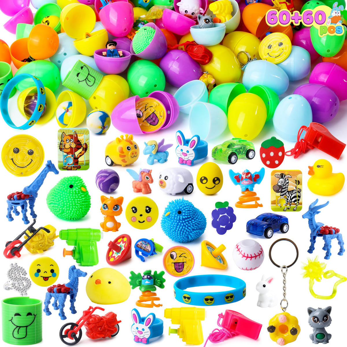 JOYIN 60Pcs Easter Eggs with Toys Inside, Prefilled Easter Eggs Stickers with Assorted Toys for Kids Boys Girls,Easter Party Favors Easter Eggs Hunt, Basket Stuffers Filler, Classroom Exchange