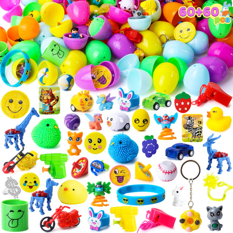JOYIN 60Pcs Easter Eggs with Toys Inside, Prefilled Easter Eggs Stickers with Assorted Toys for Kids Boys Girls,Easter Party Favors Easter Eggs Hunt, Basket Stuffers Filler, Classroom Exchange
