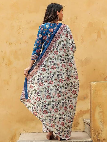 Vaamsi Women's Rayon Cotton Blend Floral Printed Straight Kurta Pant With Dupatta (VKSKD1238_Blue_XXL)