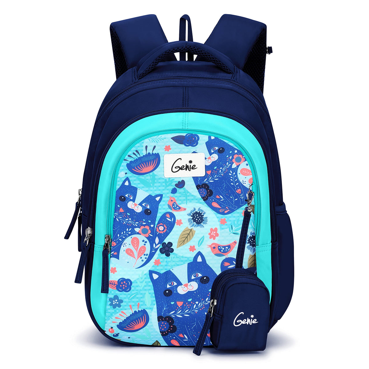 Genie Kitty Kids Backpacks, 15 inches, Cute, Colourful bags for girls, Water Resistant and Lightweight. 3 compartment with Happy Pouch
