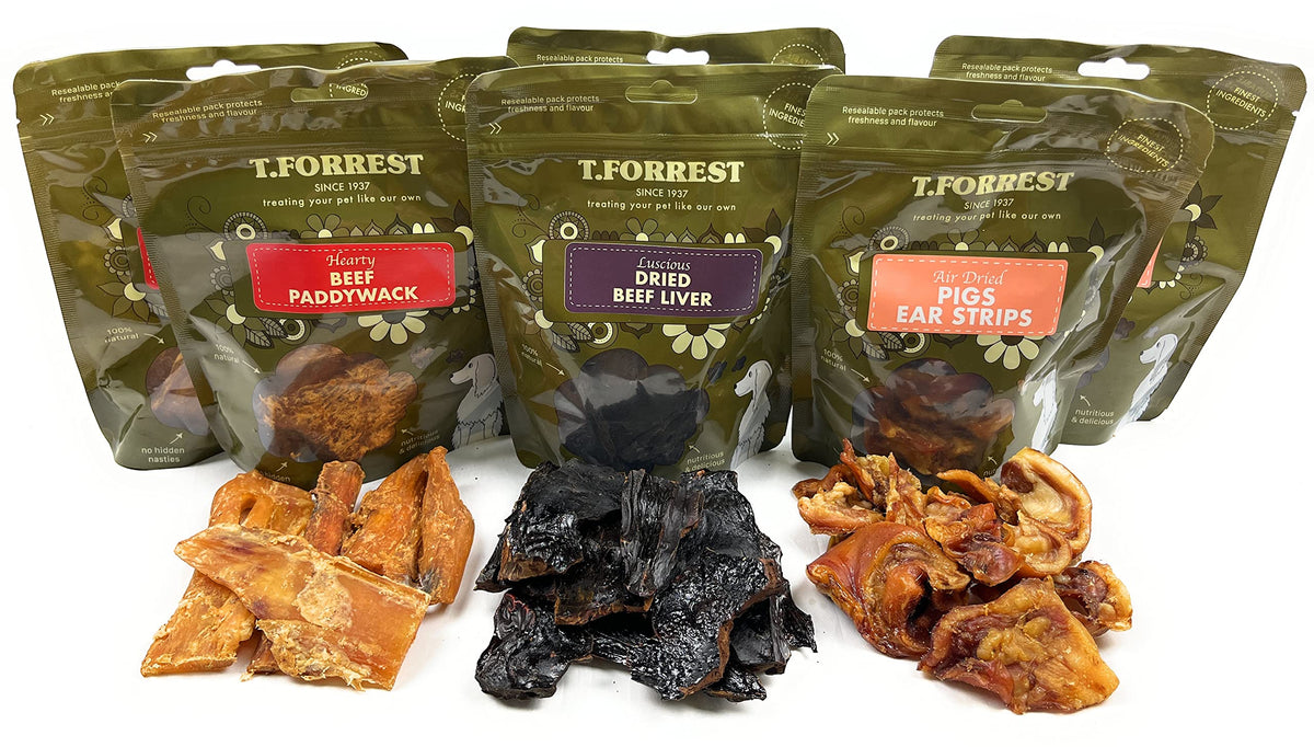 T forrest 6 Packs Mixed 100% Natural Air Dried Dog Treats - 2 x Dried Beef Liver 150g, 2 x Pigs Ears Strips 150g, 2 x Beef Paddywack 120g - Produced in UK (Assorted)