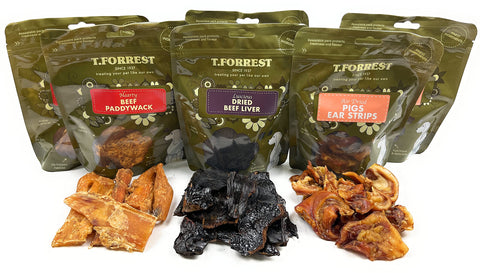 T forrest 6 Packs Mixed 100% Natural Air Dried Dog Treats - 2 x Dried Beef Liver 150g, 2 x Pigs Ears Strips 150g, 2 x Beef Paddywack 120g - Produced in UK (Assorted)