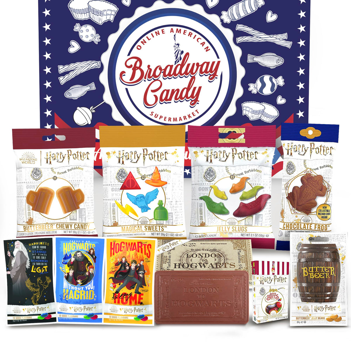 Harry Potter Sweets & Chocolates Hamper - American Sweets Selection Box - Jelly Slugs, Bertie Botts, Magical Sweets, Gringotts, Butterbeer - Birthday, Christmas, Thanksgiving, and Halloween