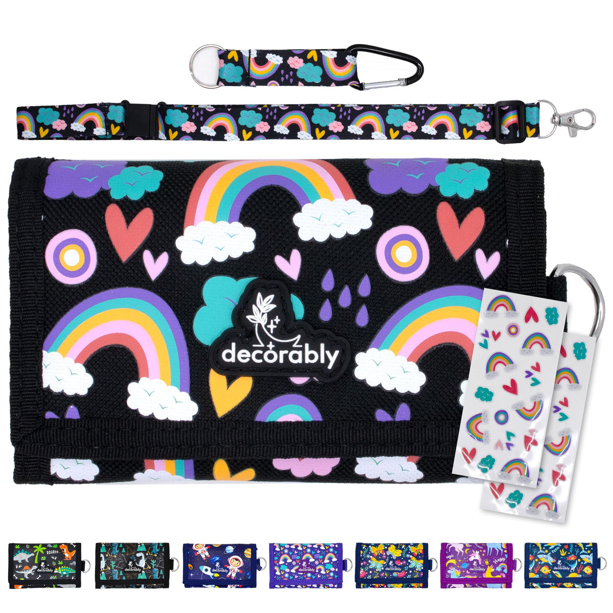 Decorably Trifold Kids Wallet with Lanyard - Trifold Rainbow Girls Wallet for Girls 10-12 with Lanyards, Little Girls Wallets for Kids 6-8, Kids Wallet Girls Wallets for Kids 8-10