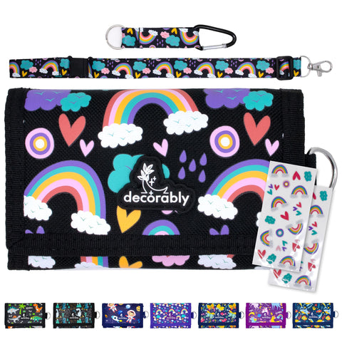 Decorably Trifold Kids Wallet with Lanyard - Trifold Rainbow Girls Wallet for Girls 10-12 with Lanyards, Little Girls Wallets for Kids 6-8, Kids Wallet Girls Wallets for Kids 8-10