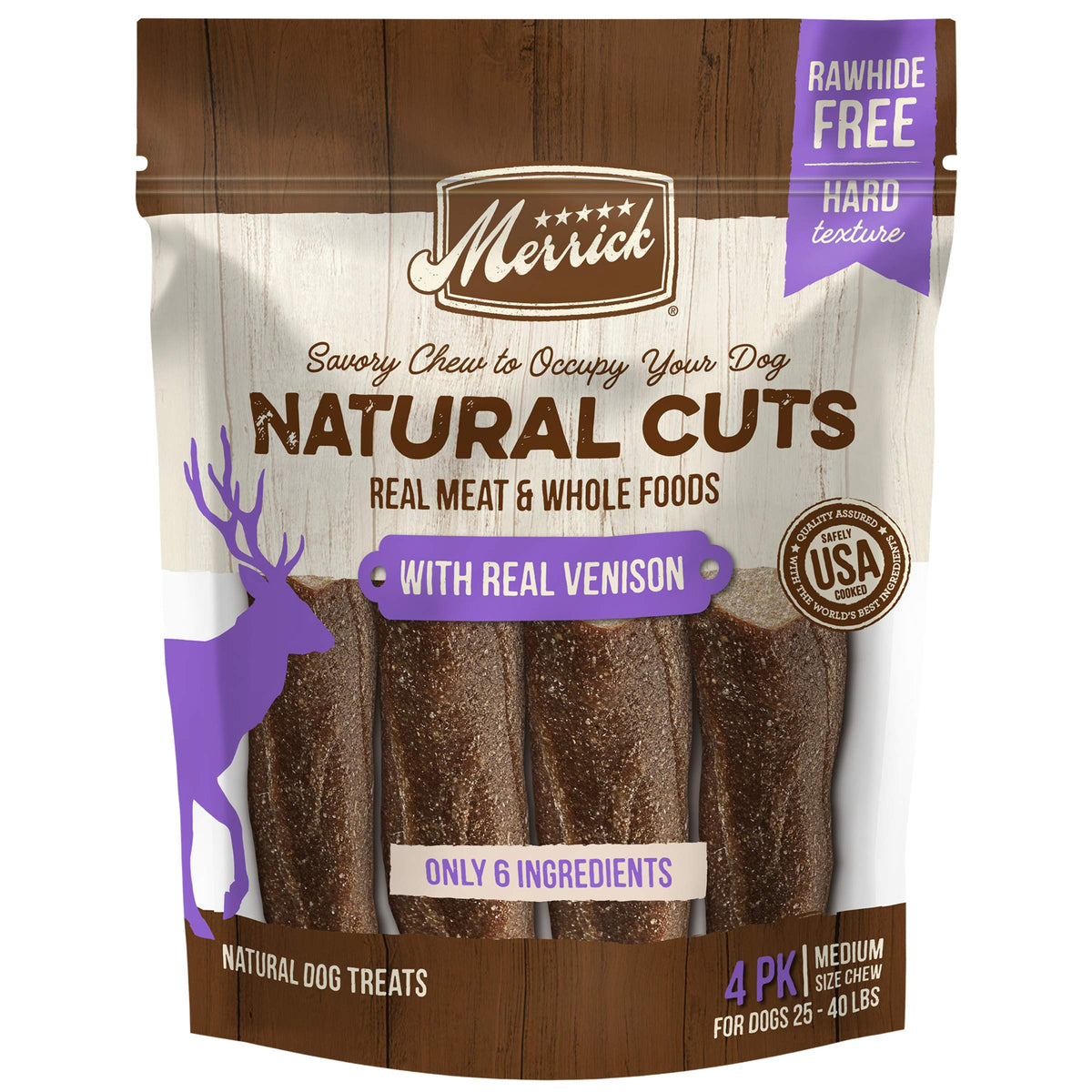 Merrick Natural Cuts Rawhide Free Dog Treats, Hard Texture Dog Chew with Real Venison for Medium Dogs - (6) 4 ct. Pouches