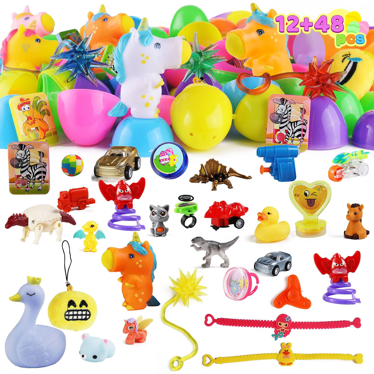 JOYIN 60 Pcs Pre Filled Easter Eggs with Toys Combo Set, 12 3.25ÃƒÂ¢Ã¢â€šÂ¬Ã‚Â Eggs and 48 2.2ÃƒÂ¢Ã¢â€šÂ¬Ã‚Â Eggs, Bright Colors Easter Eggs for Easter Basket Stuffers, Easter Party Favors, Easter Egg Hunt, Classroom Events