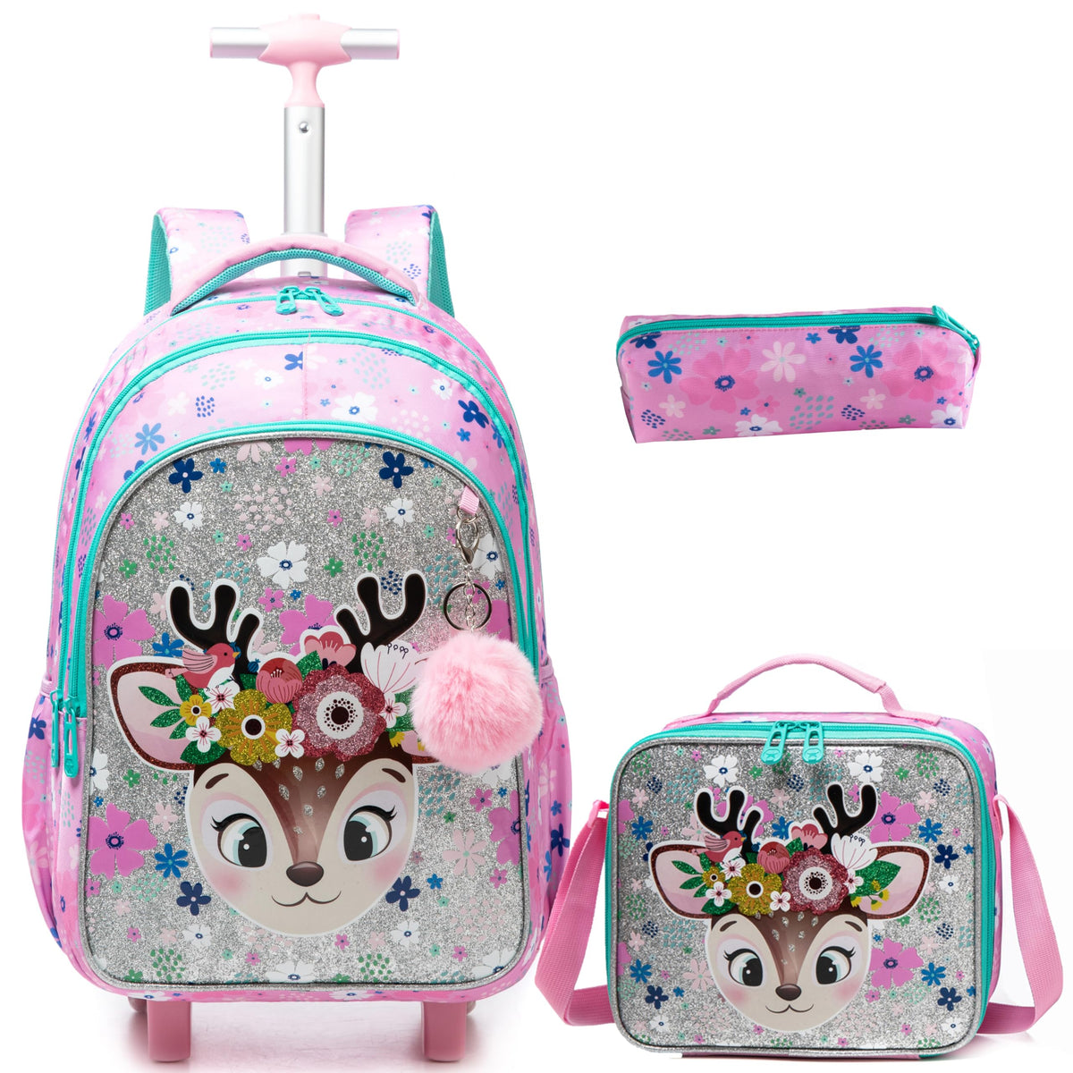 Egchescebo Kids Rolling Backpack for Girls Moose Suitcases Trolley Roller Luggage Backpacks on Wheels with Lunch Box Pencil Case for Elementary Multiple Compartment Pockets Travel School Bag Pink