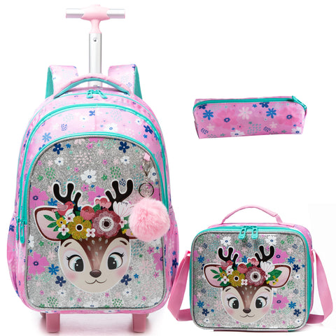 Egchescebo Kids Rolling Backpack for Girls Moose Suitcases Trolley Roller Luggage Backpacks on Wheels with Lunch Box Pencil Case for Elementary Multiple Compartment Pockets Travel School Bag Pink