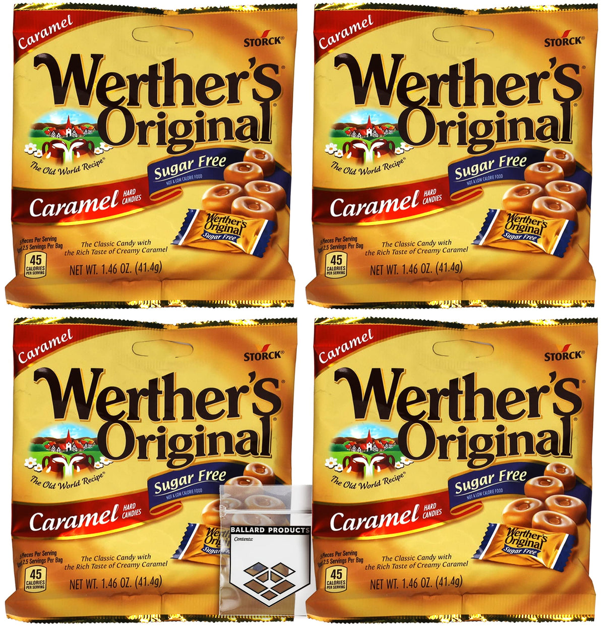 Werthers Sugar Free Hard Candy Pack of 4 Bags of Werthers Original Hard Candy - 1.46 Ounce Each Bag - Diabetic Snacks, Low Carb Snacks, Keto Candy - Bundle with Ballard Products Pocket Bag
