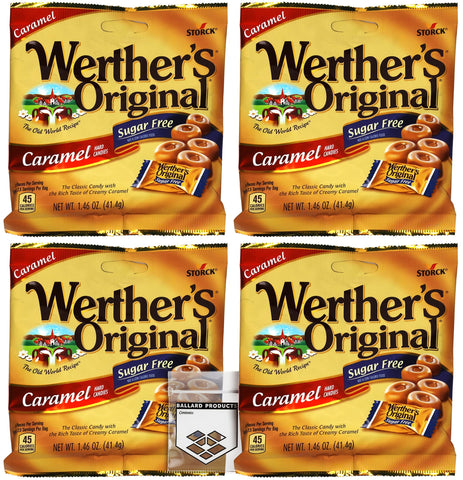 Werthers Sugar Free Hard Candy Pack of 4 Bags of Werthers Original Hard Candy - 1.46 Ounce Each Bag - Diabetic Snacks, Low Carb Snacks, Keto Candy - Bundle with Ballard Products Pocket Bag
