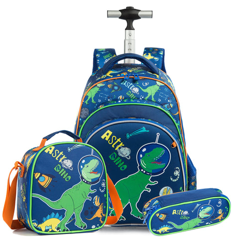 HTgroce Kids Girls Boys Dinosaur Backpack Roller Bag Girls School Bag Childrens Cute Backpack Rolling Backpack with Wheels School Rucksack with Lunch Box