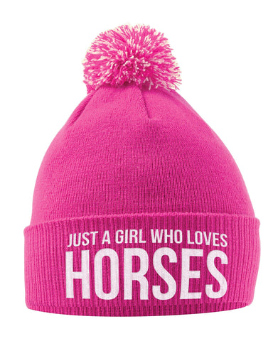Just A Girl Who Loves Horses Bobble Hat- Horse Riding Hat - Equestrian Accessories - Horse Gifts For Girls - Horse Loving Girls - Winter Pom Pom Hats For Girls - Horse Riding Presents Women