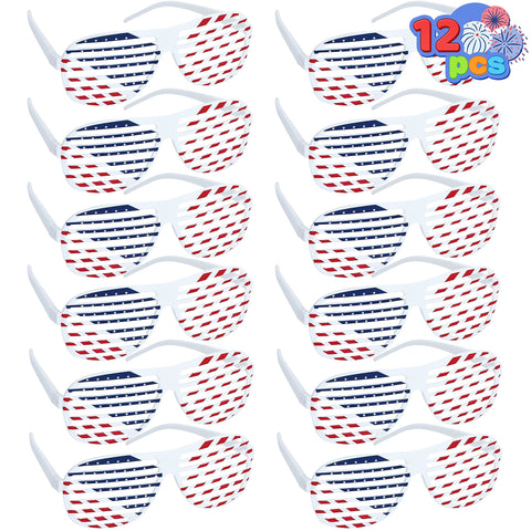 JOYIN 84 Pcs Patriotic Accessories of 12 Pinwheels, 12 Necklaces, 12 Shutter Shades Glasses and 48 Temporary Tattoos for 4th of July Celebration, Independence Day, Memorial Day Party Favor Decoration