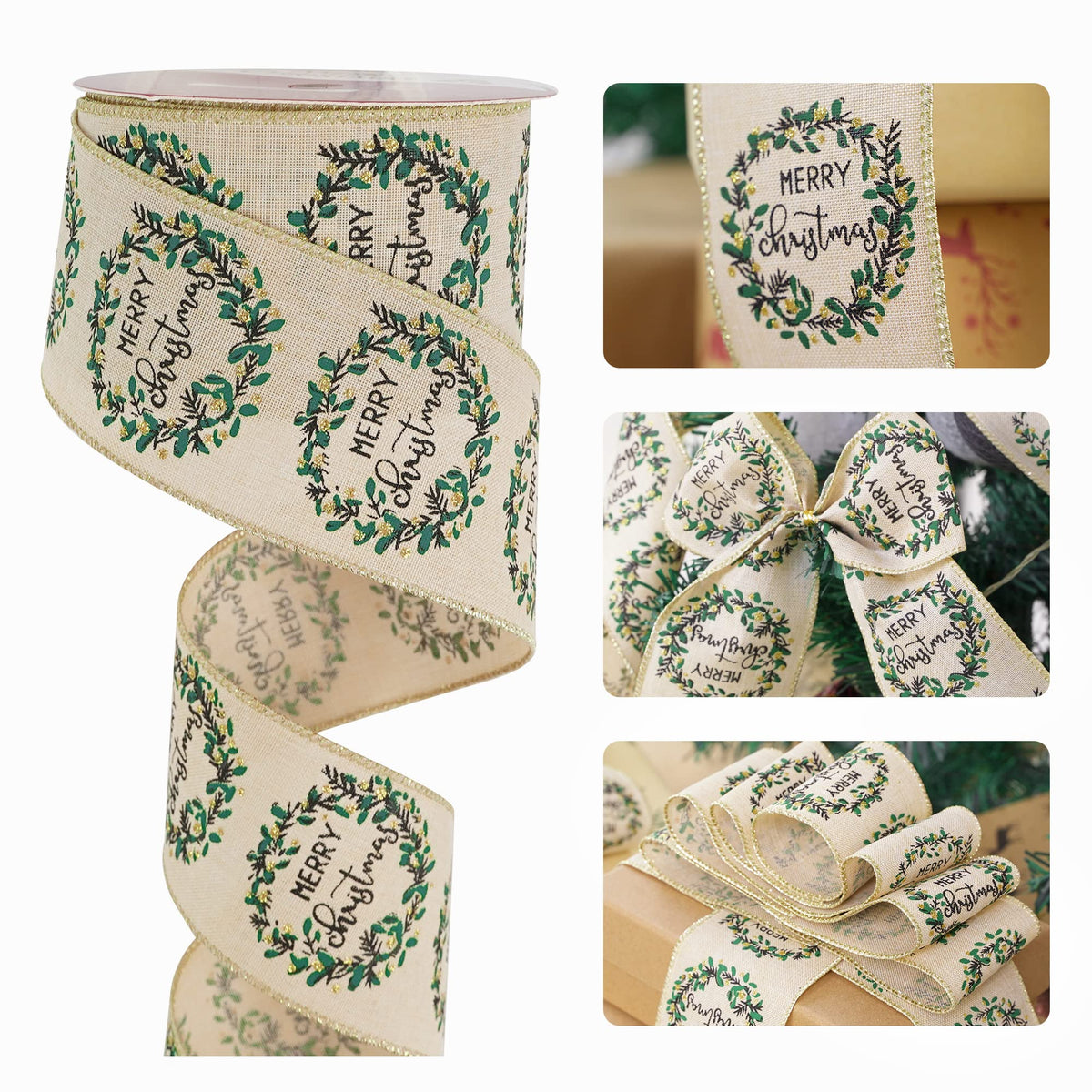 HUIHUANG Merry Christmas Ribbon Wired Christmas Tree Ribbon 2.5 inch Rustic Chrsitmas Wreath Ribbon for X-mas Tree, Wreaths, Bows, Garland, Gift Baskets, Gift Wrapping, Home Decor Crafts-10 Yards