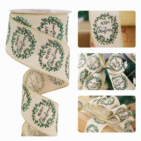 HUIHUANG Merry Christmas Ribbon Wired Christmas Tree Ribbon 2.5 inch Rustic Chrsitmas Wreath Ribbon for X-mas Tree, Wreaths, Bows, Garland, Gift Baskets, Gift Wrapping, Home Decor Crafts-10 Yards