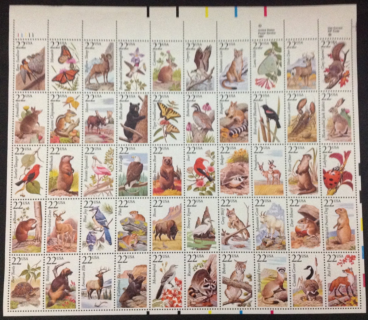1987 North American Wildlife, 22c US Postage Stamps, Scott #2286-2335 full sheet of 50