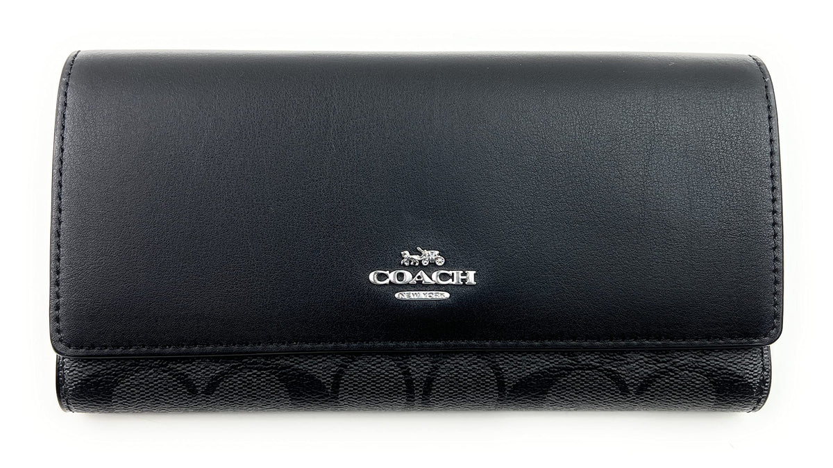 COACH Signature Slim Trifold Wallet (SV/Black Smoke/Black), SV/Black Smoke/Black, Tri-fold Wallet