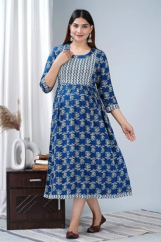Jikonet Women's Maternity Dress Feeding Kurti with Zippers, Side Pocket (325) (Small, Blue)
