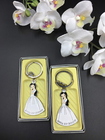 YRP 12 Quinceanera Key Chains LLAVEROS Rings RECUERDOS Blanco White MIS 15 Party Favors MIS Quince ANOS ENGRAVE