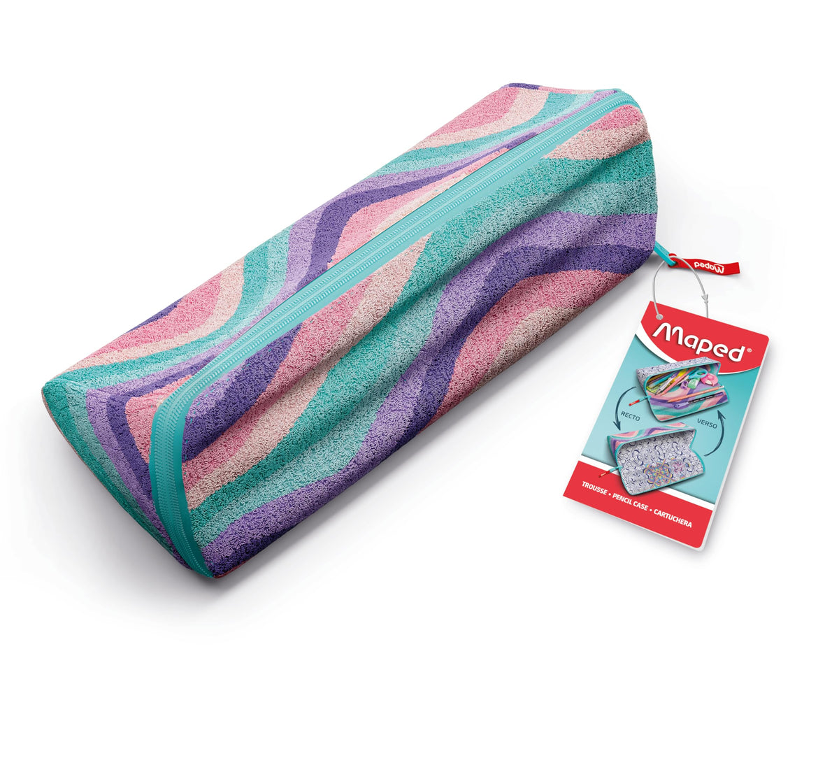 Maped - XXL Opening School Pencil case - Customisable Reversible Pencil case, with 1 Side to Colour - Large Practical Opening - Triangular Pencil case 22 x 6 cm - Pastel Wavy Soft Fabric Pencil case